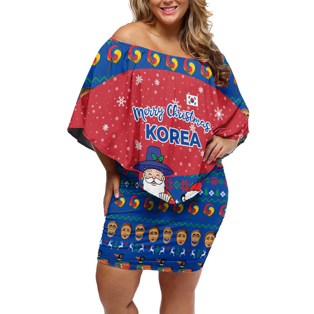 Korea Christmas Off Shoulder Short Dress with Santa in Hanbok Tiger Character and Traditional Mask Pattern Design - Wonder Print Shop