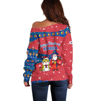 Korea Christmas Off Shoulder Sweater with Santa in Hanbok Tiger Character and Traditional Mask Pattern Design - Wonder Print Shop