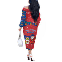 Korea Christmas Off The Shoulder Long Sleeve Dress with Santa in Hanbok Tiger Character and Traditional Mask Pattern Design - Wonder Print Shop