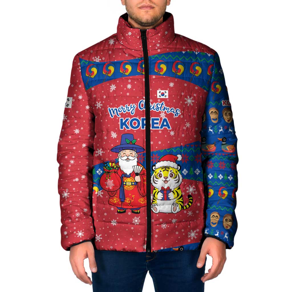 Korea Christmas Padded Jacket with Santa in Hanbok Tiger Character and Traditional Mask Pattern Design - Wonder Print Shop
