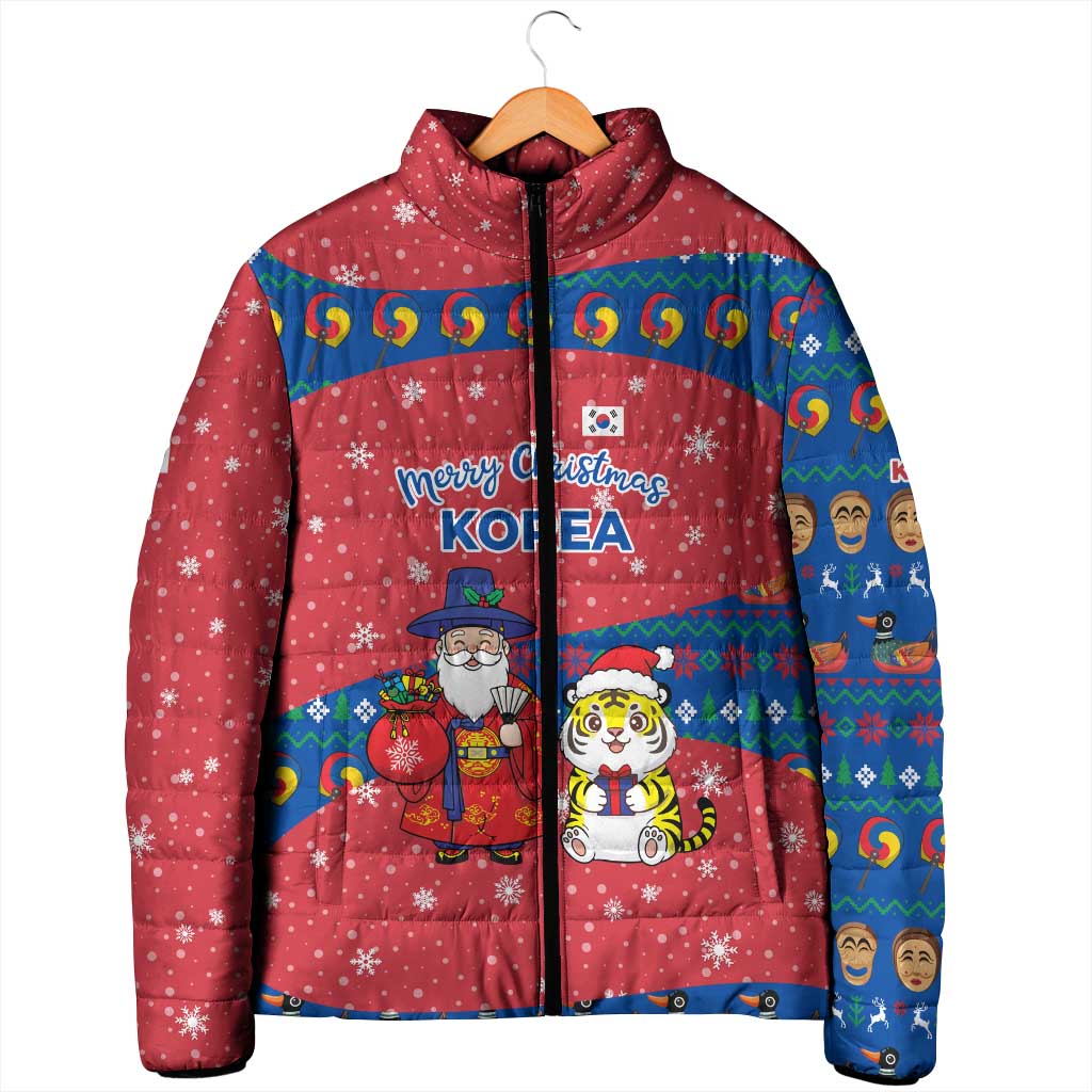 Korea Christmas Padded Jacket with Santa in Hanbok Tiger Character and Traditional Mask Pattern Design - Wonder Print Shop