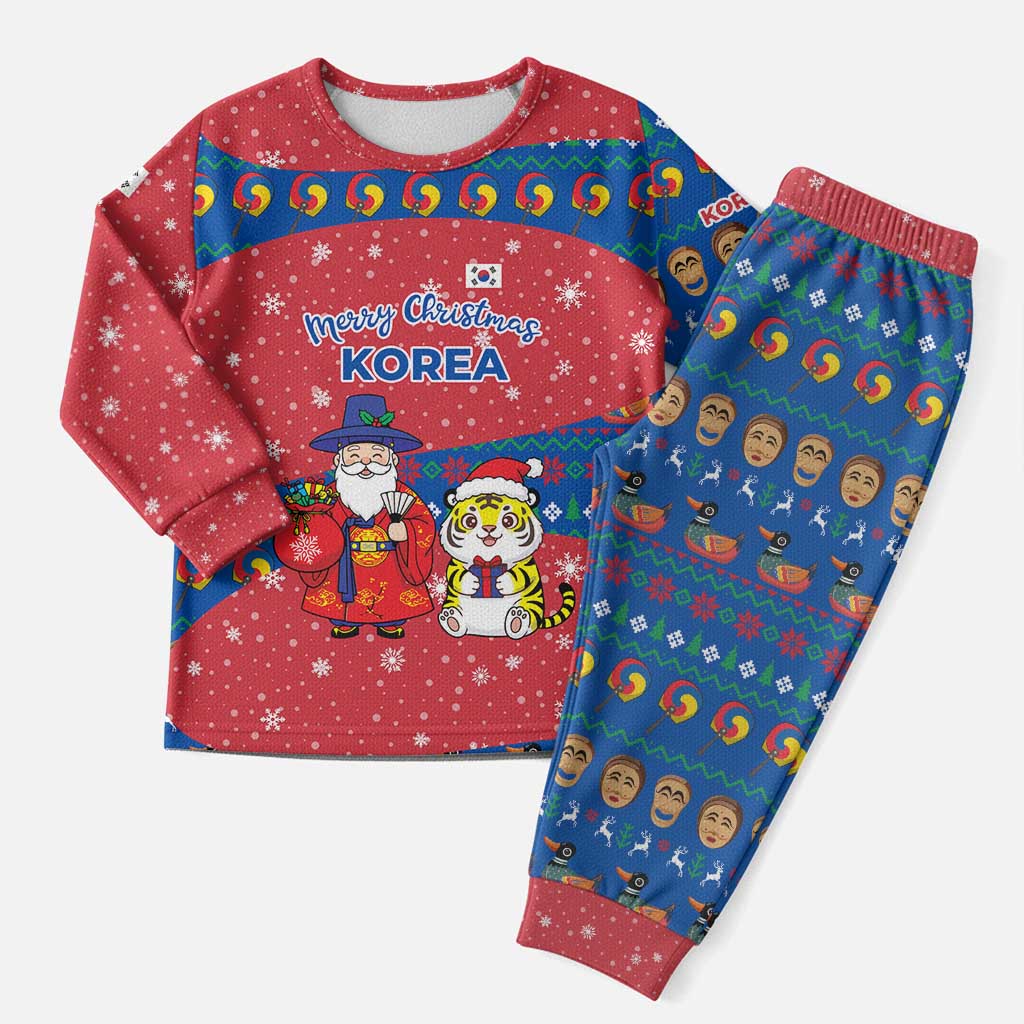Korea Christmas Pajama Set with Santa in Hanbok Tiger Character and Traditional Mask Pattern Design - Wonder Print Shop