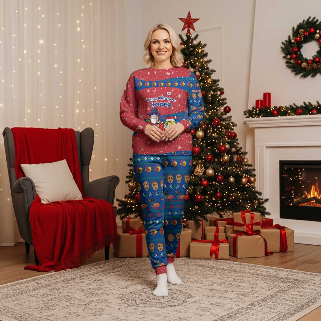 Korea Christmas Pajama Set with Santa in Hanbok Tiger Character and Traditional Mask Pattern Design - Wonder Print Shop