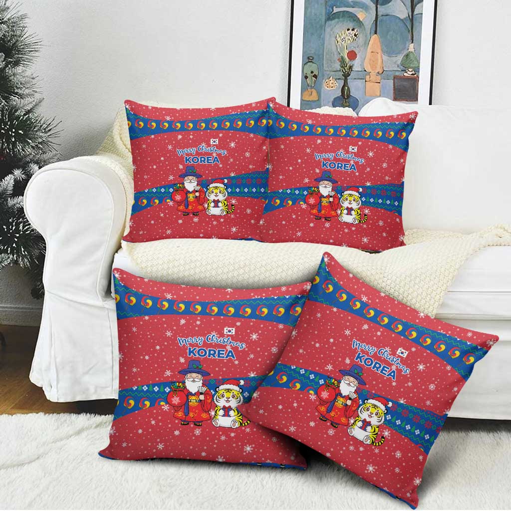 Korea Christmas Pillow Cover with Santa in Hanbok Tiger Character and Traditional Mask Pattern Design - Wonder Print Shop