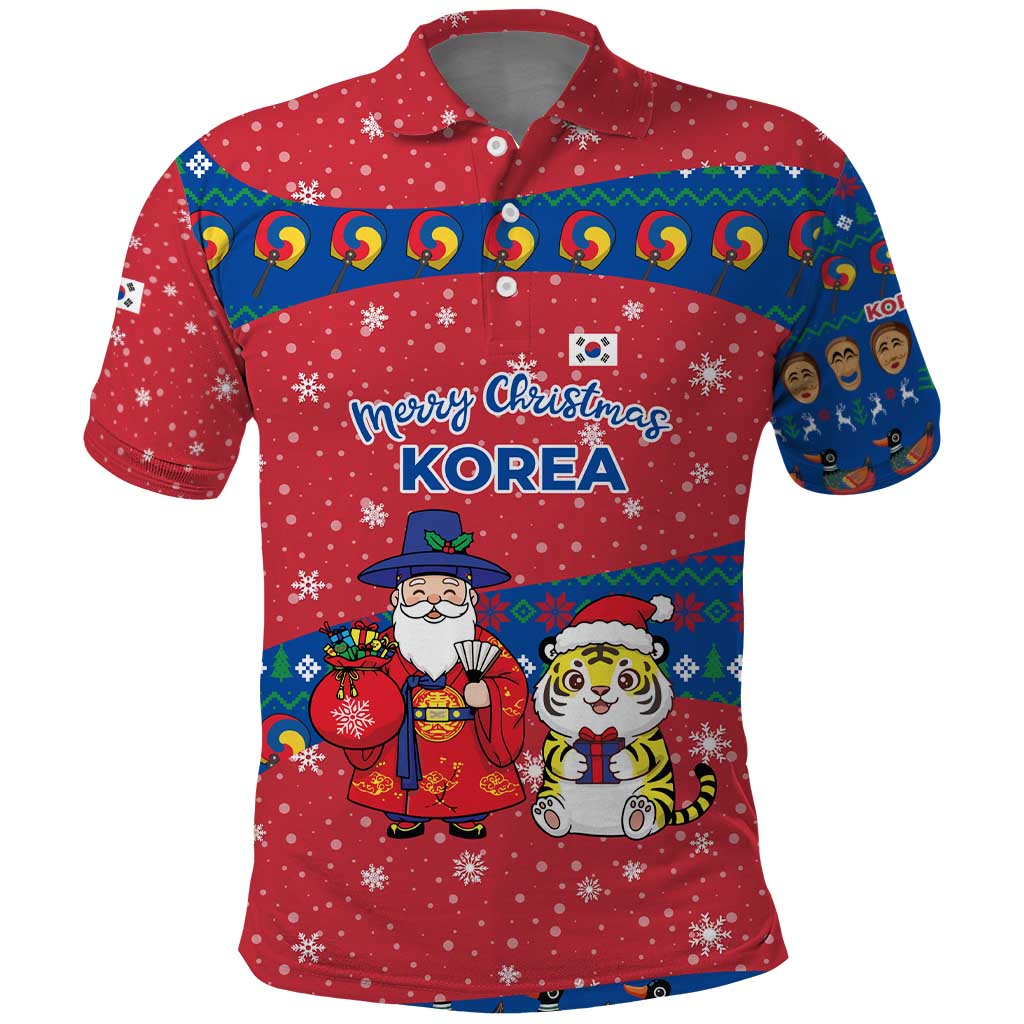 Korea Christmas Polo Shirt with Santa in Hanbok Tiger Character and Traditional Mask Pattern Design - Wonder Print Shop