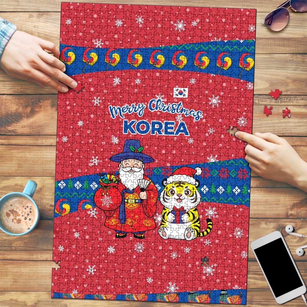 Korea Christmas Puzzle with Santa in Hanbok Tiger Character and Traditional Mask Pattern Design - Wonder Print Shop