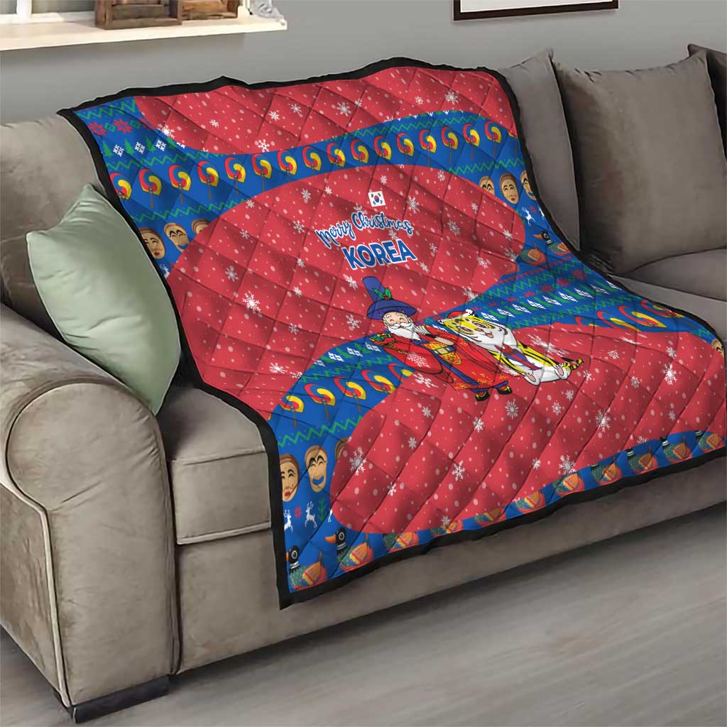 Korea Christmas Quilt with Santa in Hanbok Tiger Character and Traditional Mask Pattern Design - Wonder Print Shop