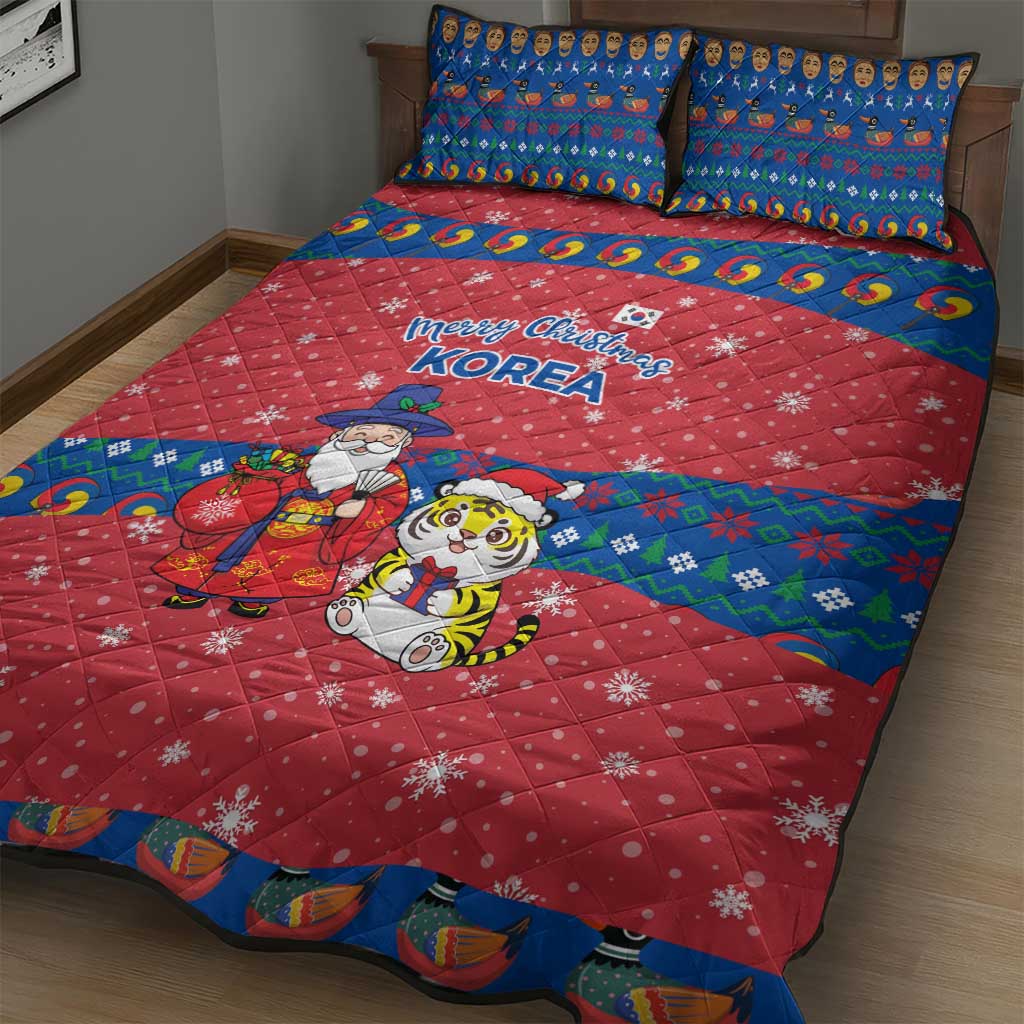 Korea Christmas Quilt Bed Set with Santa in Hanbok Tiger Character and Traditional Mask Pattern Design - Wonder Print Shop