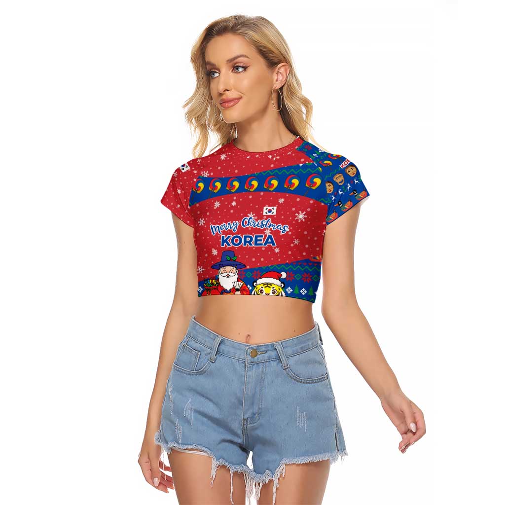 Korea Christmas Raglan Cropped T Shirt with Santa in Hanbok Tiger Character and Traditional Mask Pattern Design - Wonder Print Shop