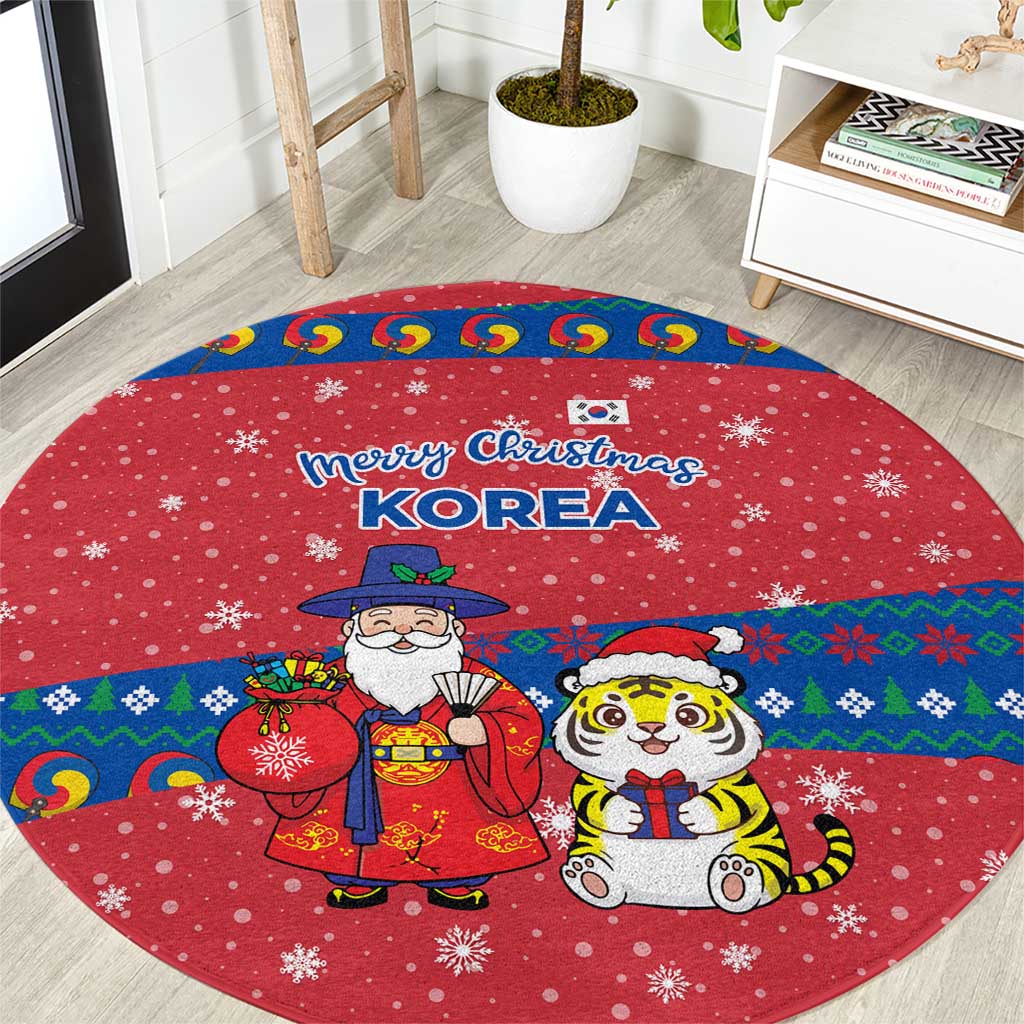 Korea Christmas Round Carpet with Santa in Hanbok Tiger Character and Traditional Mask Pattern Design - Wonder Print Shop