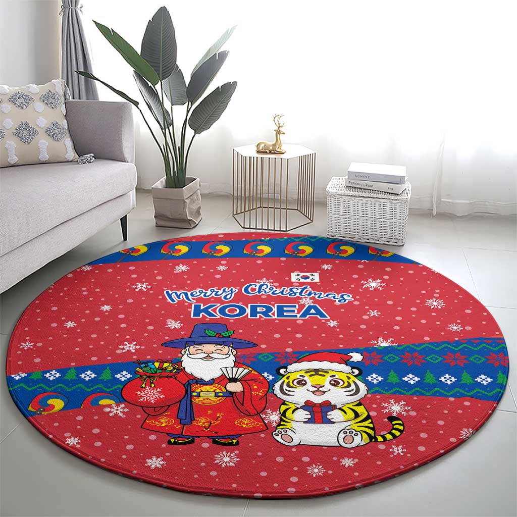 Korea Christmas Round Carpet with Santa in Hanbok Tiger Character and Traditional Mask Pattern Design - Wonder Print Shop