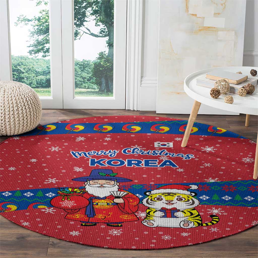 Korea Christmas Round Carpet with Santa in Hanbok Tiger Character and Traditional Mask Pattern Design - Wonder Print Shop