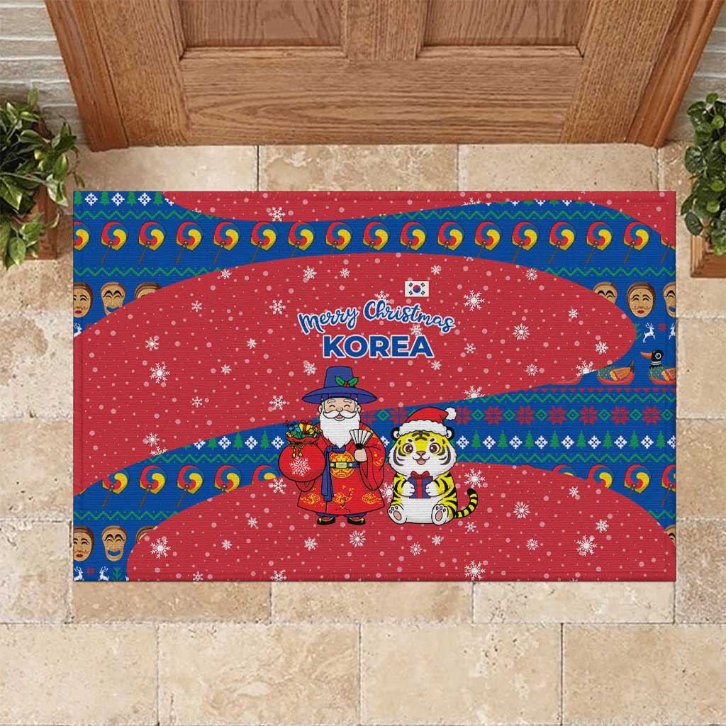 Korea Christmas Rubber Doormat with Santa in Hanbok Tiger Character and Traditional Mask Pattern Design - Wonder Print Shop