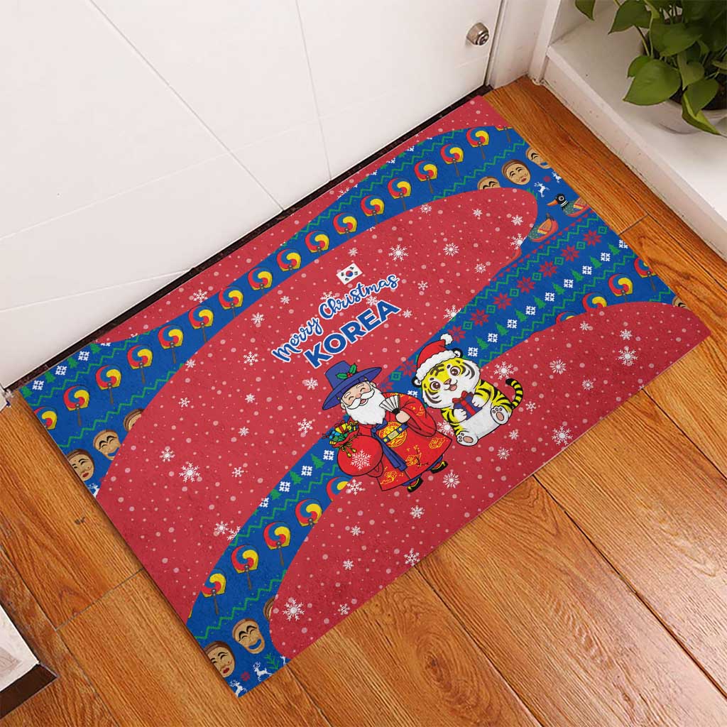 Korea Christmas Rubber Doormat with Santa in Hanbok Tiger Character and Traditional Mask Pattern Design - Wonder Print Shop