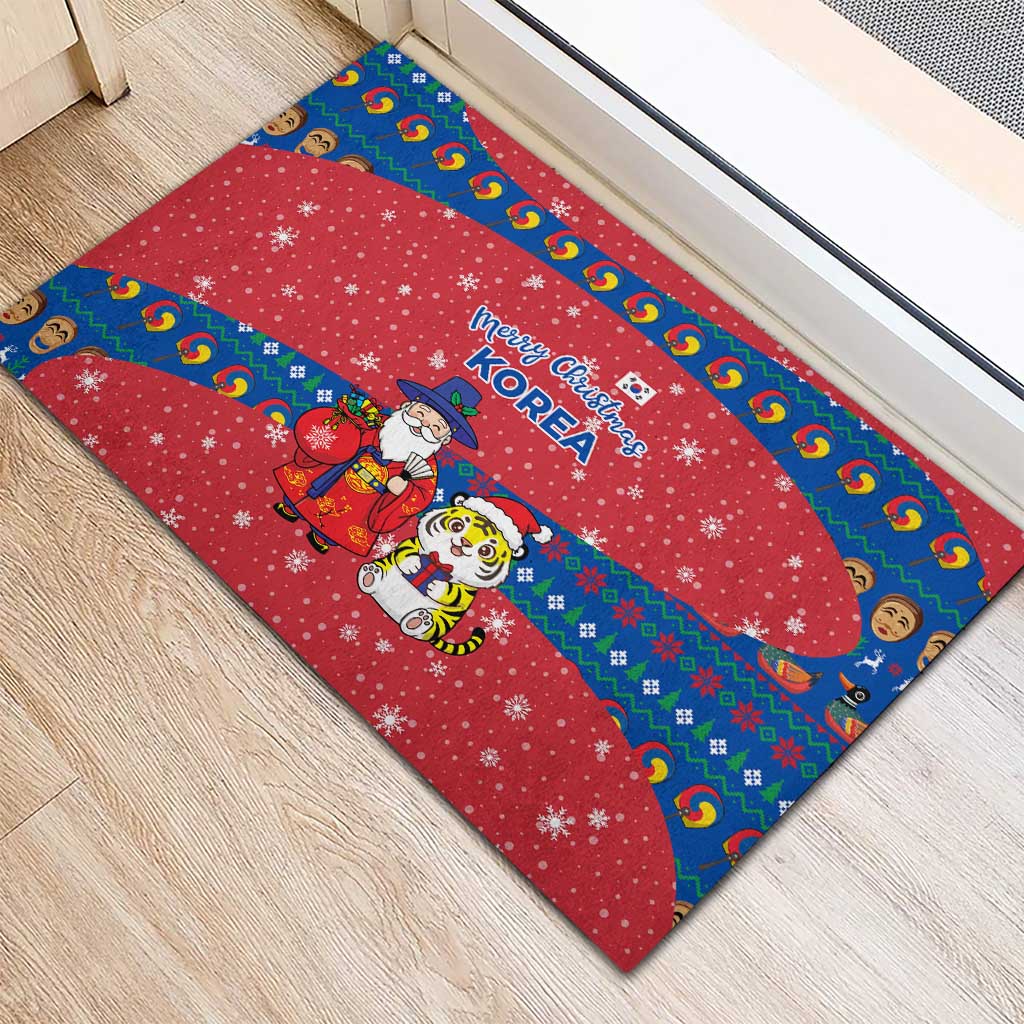 Korea Christmas Rubber Doormat with Santa in Hanbok Tiger Character and Traditional Mask Pattern Design - Wonder Print Shop