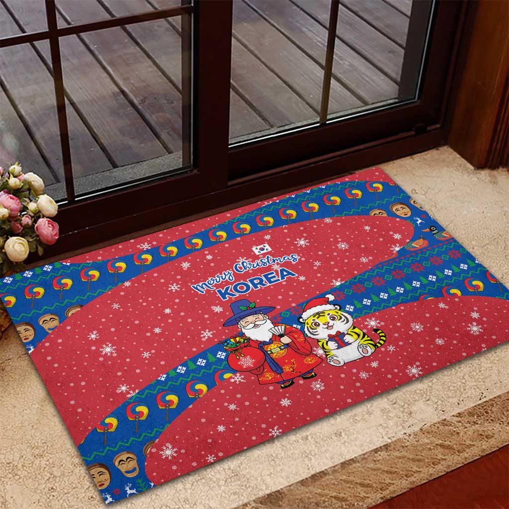 Korea Christmas Rubber Doormat with Santa in Hanbok Tiger Character and Traditional Mask Pattern Design - Wonder Print Shop
