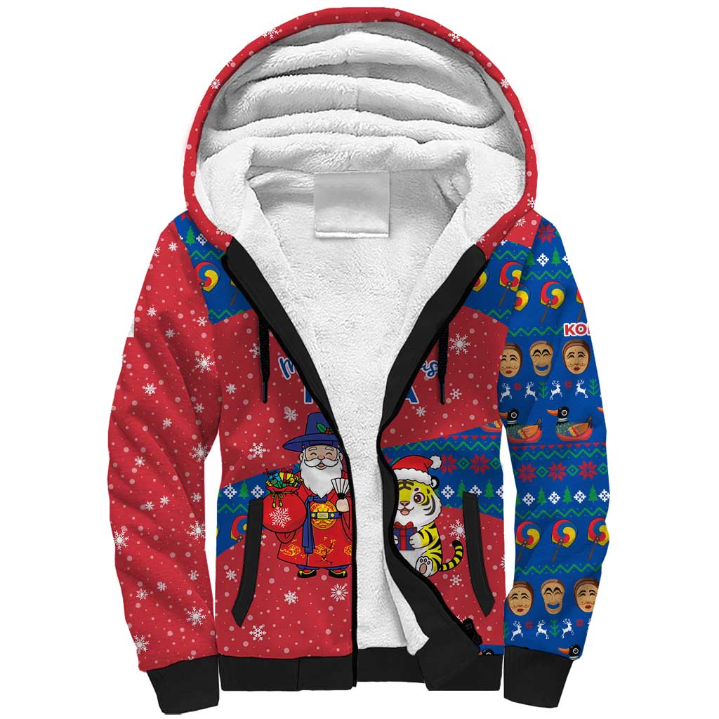Korea Christmas Sherpa Hoodie with Santa in Hanbok Tiger Character and Traditional Mask Pattern Design - Wonder Print Shop