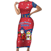 Korea Christmas Short Sleeve Bodycon Dress with Santa in Hanbok Tiger Character and Traditional Mask Pattern Design - Wonder Print Shop