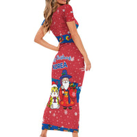 Korea Christmas Short Sleeve Bodycon Dress with Santa in Hanbok Tiger Character and Traditional Mask Pattern Design - Wonder Print Shop