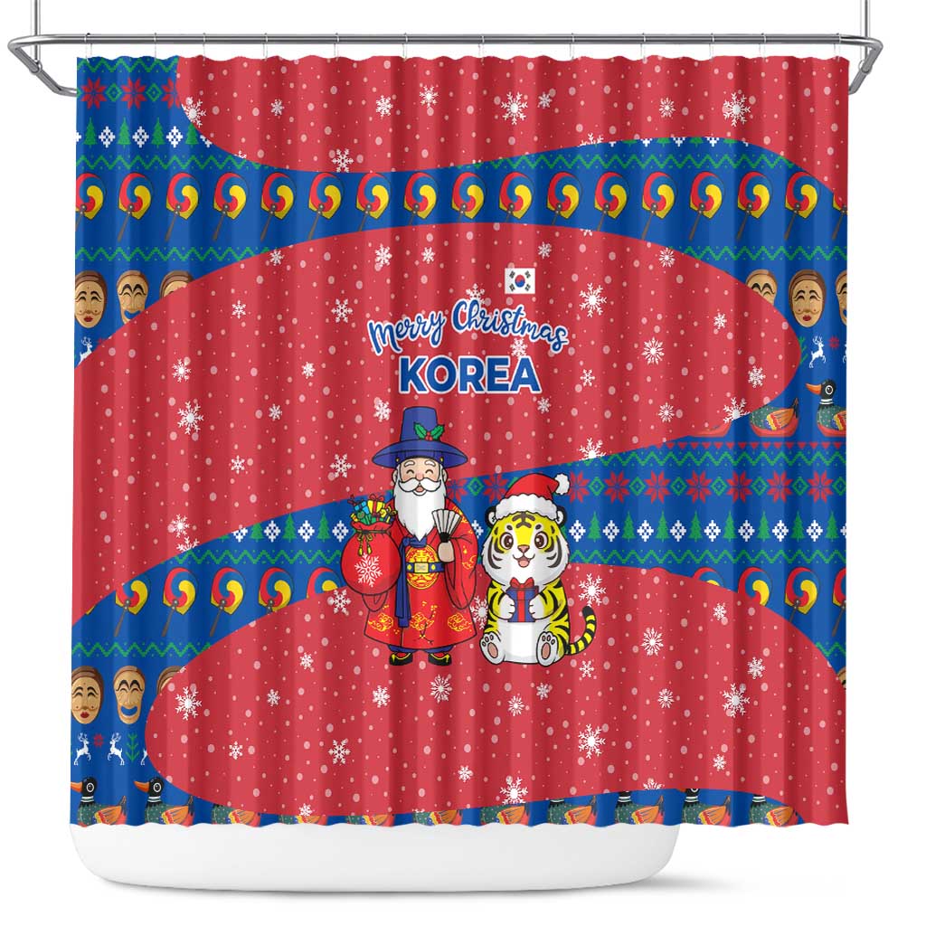 Korea Christmas Shower Curtain with Santa in Hanbok Tiger Character and Traditional Mask Pattern Design - Wonder Print Shop