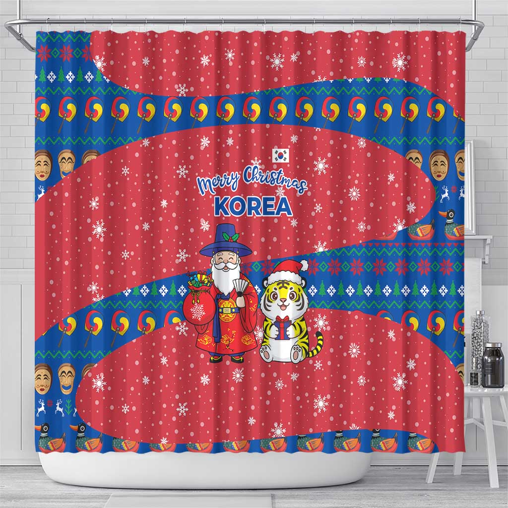 Korea Christmas Shower Curtain with Santa in Hanbok Tiger Character and Traditional Mask Pattern Design - Wonder Print Shop