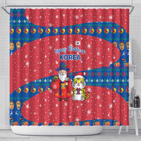 Korea Christmas Shower Curtain with Santa in Hanbok Tiger Character and Traditional Mask Pattern Design - Wonder Print Shop