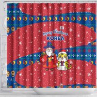 Korea Christmas Shower Curtain with Santa in Hanbok Tiger Character and Traditional Mask Pattern Design - Wonder Print Shop