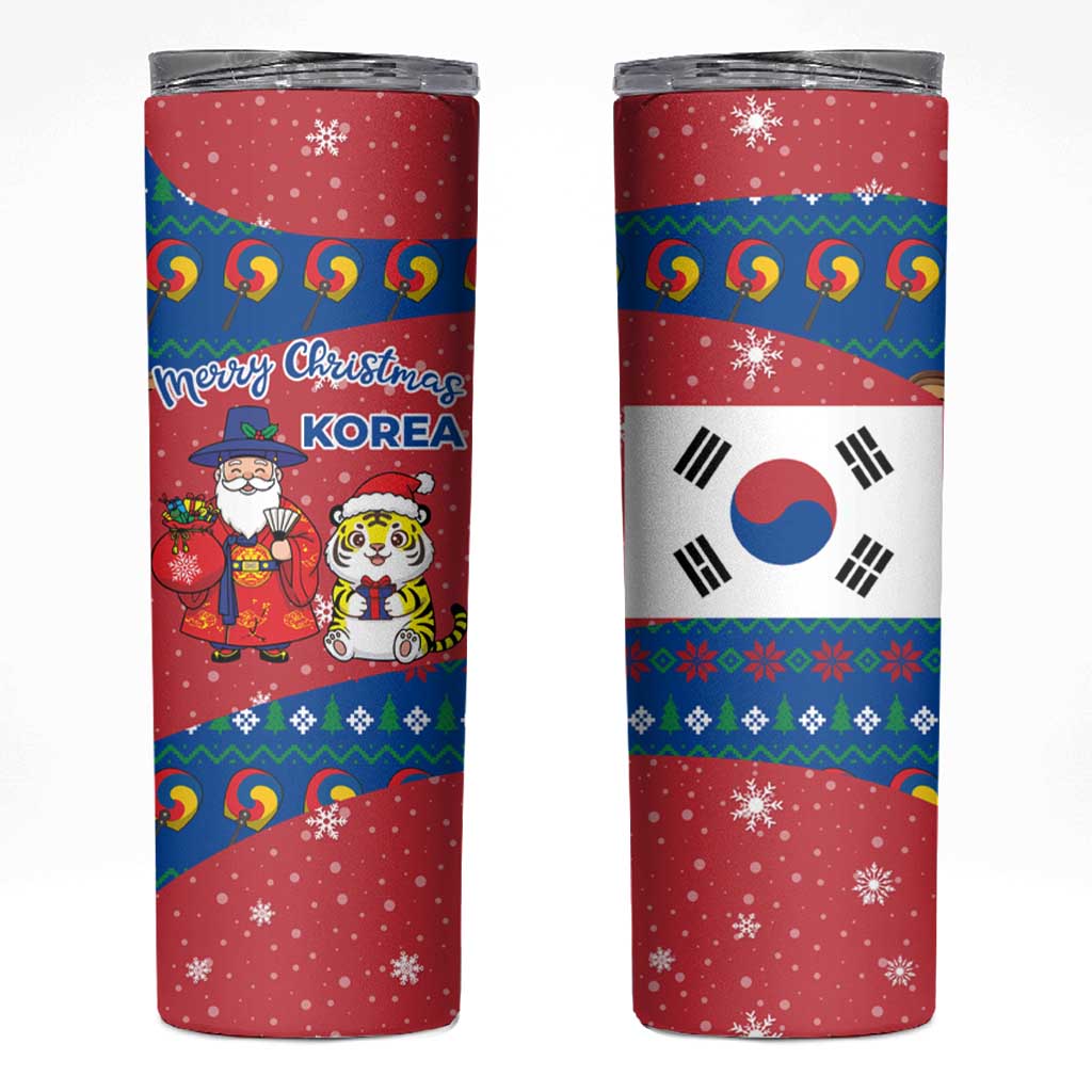 Korea Christmas Skinny Tumbler with Santa in Hanbok Tiger Character and Traditional Mask Pattern Design - Wonder Print Shop