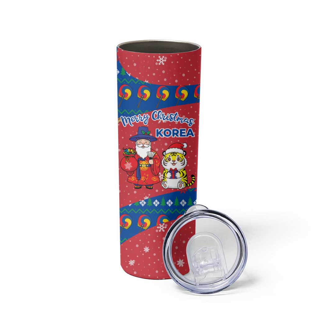 Korea Christmas Skinny Tumbler with Santa in Hanbok Tiger Character and Traditional Mask Pattern Design - Wonder Print Shop