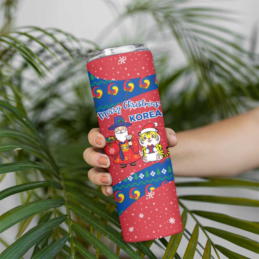 Korea Christmas Skinny Tumbler with Santa in Hanbok Tiger Character and Traditional Mask Pattern Design - Wonder Print Shop