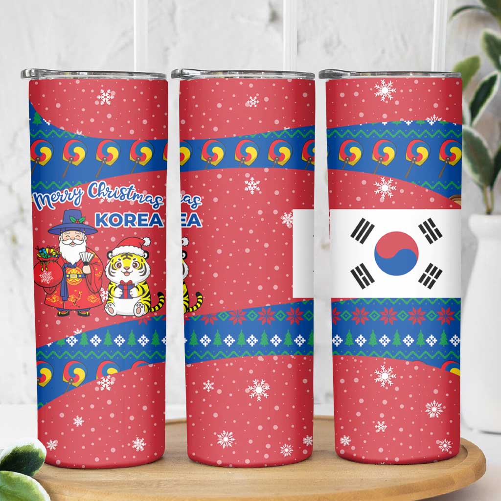 Korea Christmas Skinny Tumbler with Santa in Hanbok Tiger Character and Traditional Mask Pattern Design - Wonder Print Shop