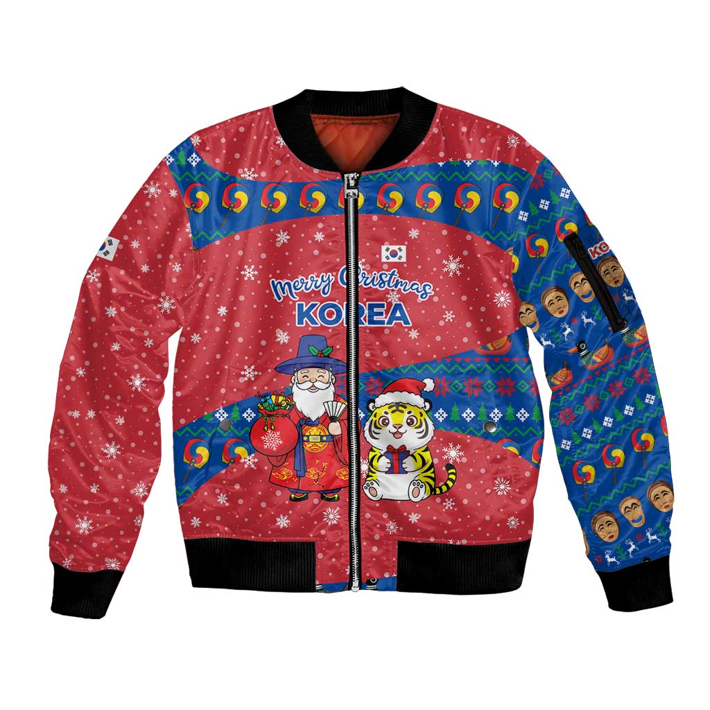 Korea Christmas Sleeve Zip Bomber Jacket with Santa in Hanbok Tiger Character and Traditional Mask Pattern Design - Wonder Print Shop