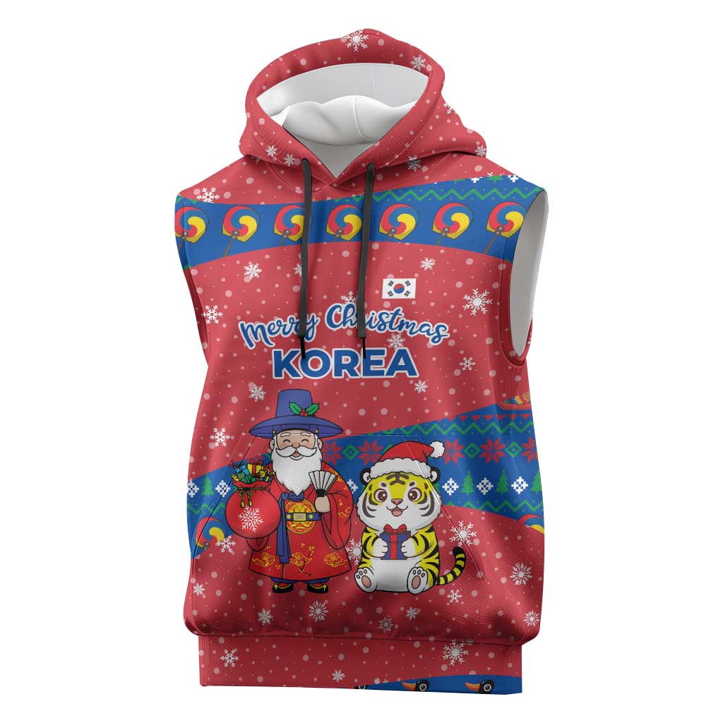 Korea Christmas Sleeveless Hoodie with Santa in Hanbok Tiger Character and Traditional Mask Pattern Design - Wonder Print Shop