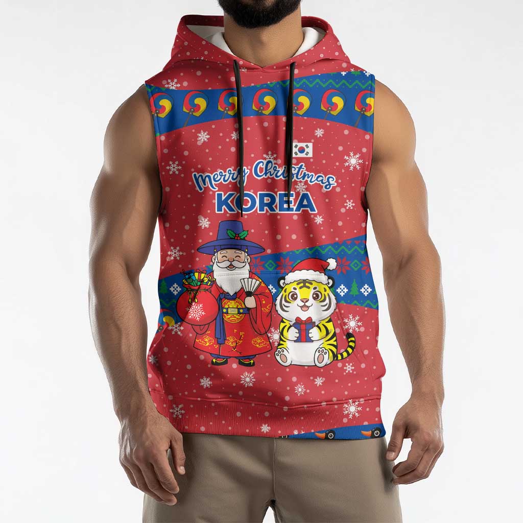 Korea Christmas Sleeveless Hoodie with Santa in Hanbok Tiger Character and Traditional Mask Pattern Design - Wonder Print Shop