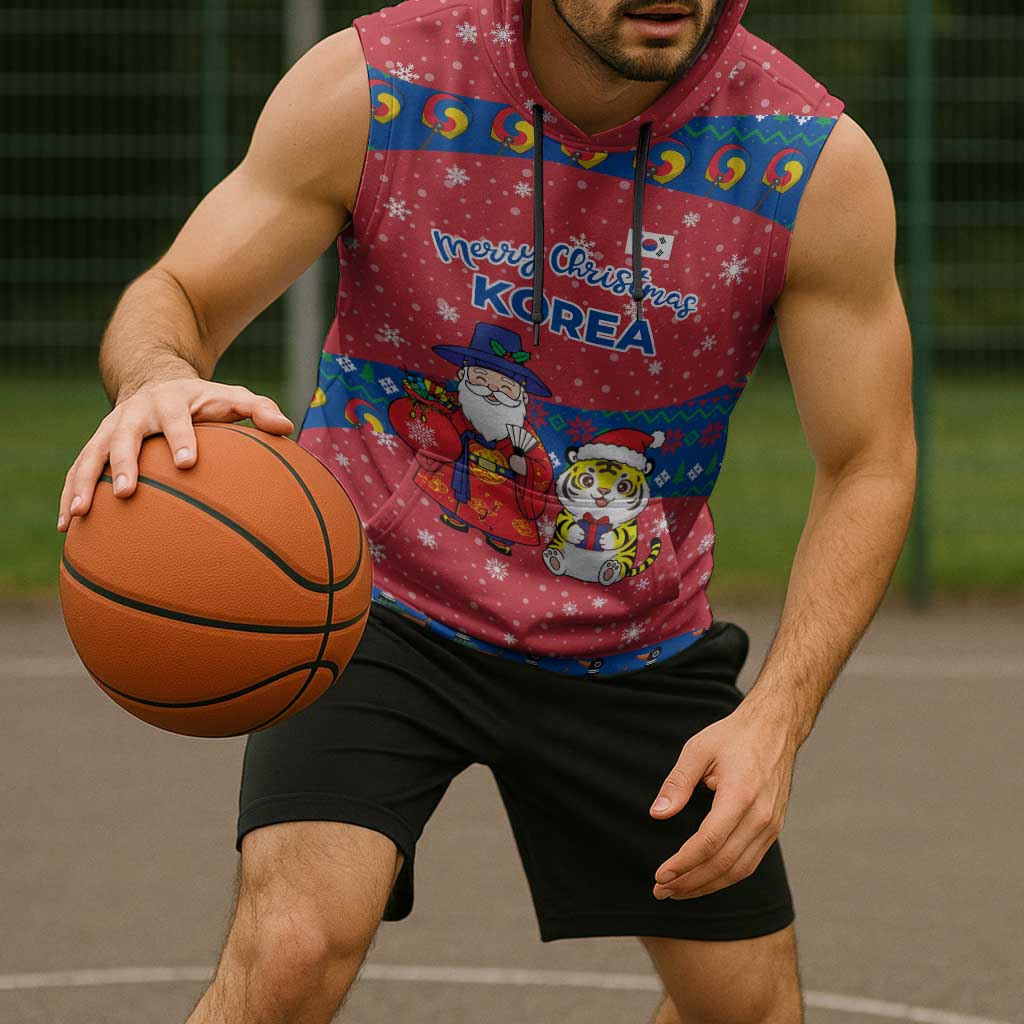 Korea Christmas Sleeveless Hoodie with Santa in Hanbok Tiger Character and Traditional Mask Pattern Design - Wonder Print Shop