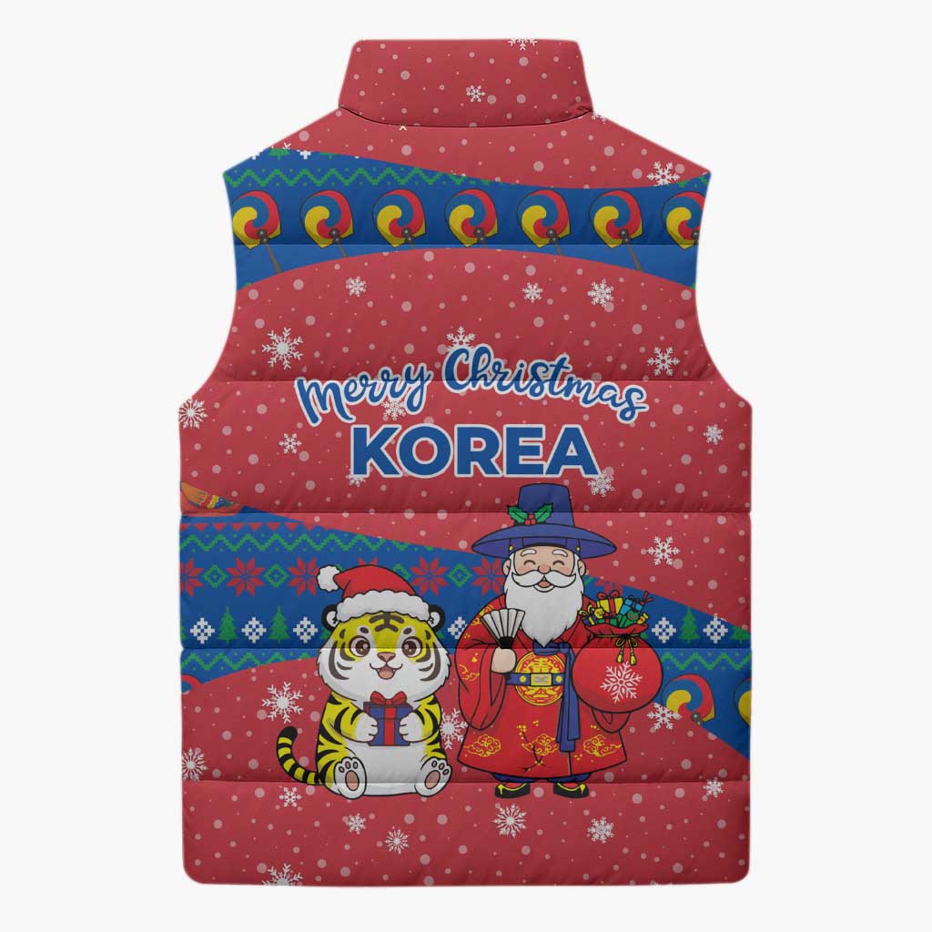 Korea Christmas Sleeveless Puffer Jacket with Santa in Hanbok Tiger Character and Traditional Mask Pattern Design - Wonder Print Shop