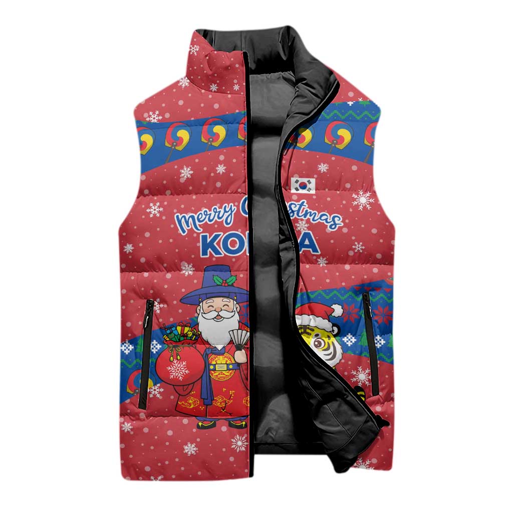 Korea Christmas Sleeveless Puffer Jacket with Santa in Hanbok Tiger Character and Traditional Mask Pattern Design - Wonder Print Shop