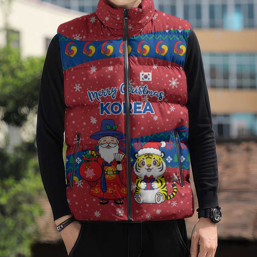 Korea Christmas Sleeveless Puffer Jacket with Santa in Hanbok Tiger Character and Traditional Mask Pattern Design - Wonder Print Shop