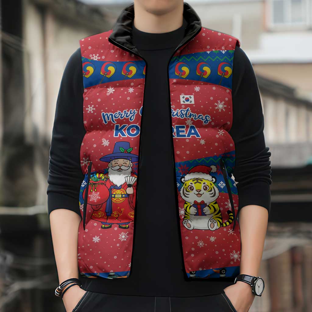 Korea Christmas Sleeveless Puffer Jacket with Santa in Hanbok Tiger Character and Traditional Mask Pattern Design - Wonder Print Shop