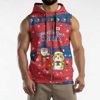 Korea Christmas Sleeveless Zip Hoodie with Santa in Hanbok Tiger Character and Traditional Mask Pattern Design - Wonder Print Shop
