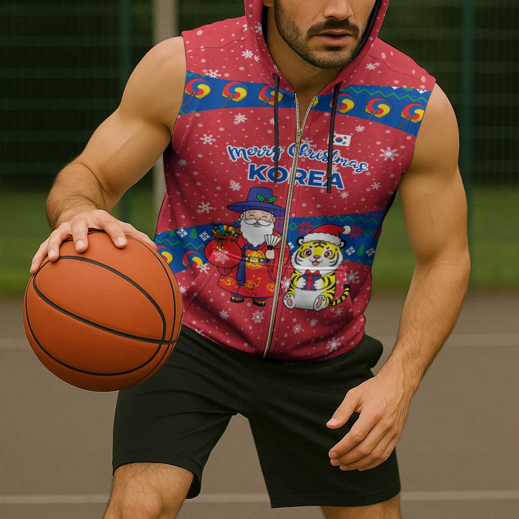 Korea Christmas Sleeveless Zip Hoodie with Santa in Hanbok Tiger Character and Traditional Mask Pattern Design - Wonder Print Shop