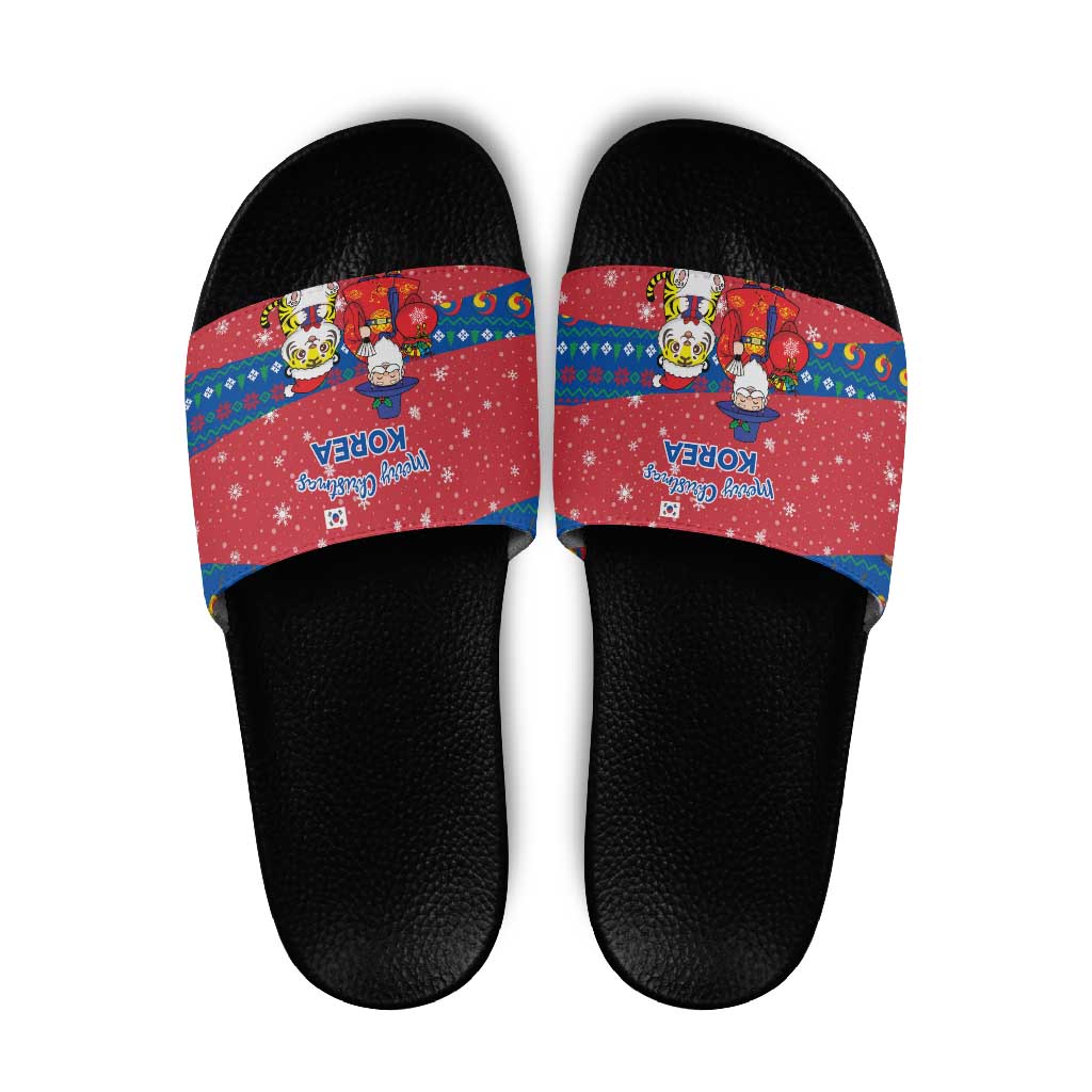 Korea Christmas Slide Sandals with Santa in Hanbok Tiger Character and Traditional Mask Pattern Design - Wonder Print Shop
