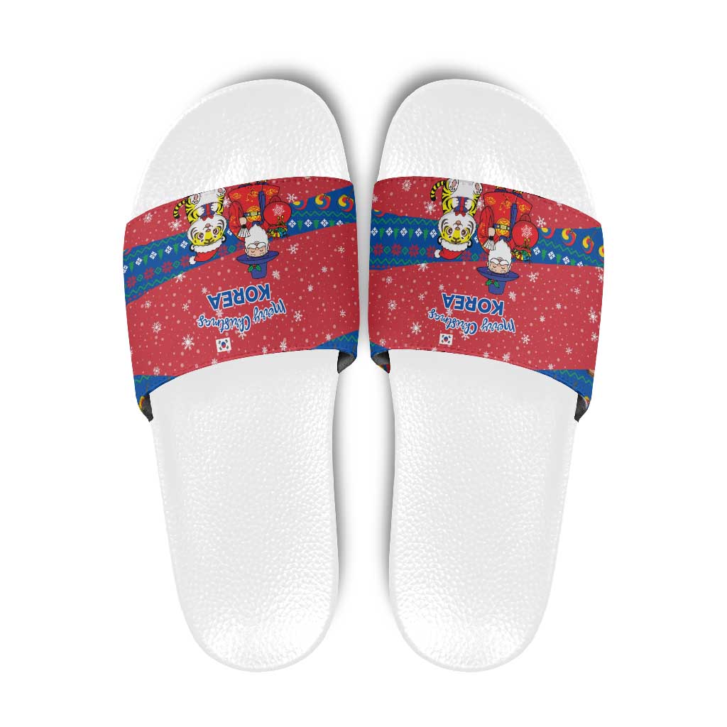 Korea Christmas Slide Sandals with Santa in Hanbok Tiger Character and Traditional Mask Pattern Design - Wonder Print Shop