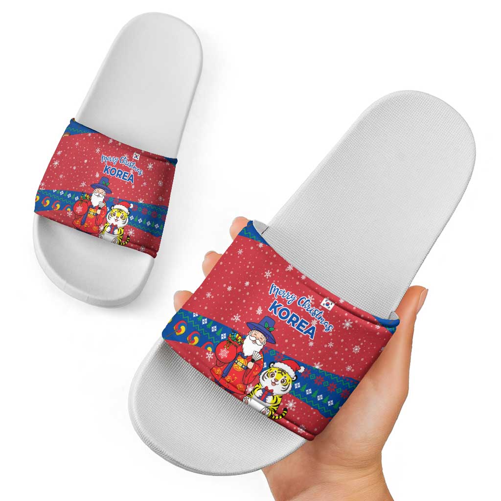 Korea Christmas Slide Sandals with Santa in Hanbok Tiger Character and Traditional Mask Pattern Design - Wonder Print Shop