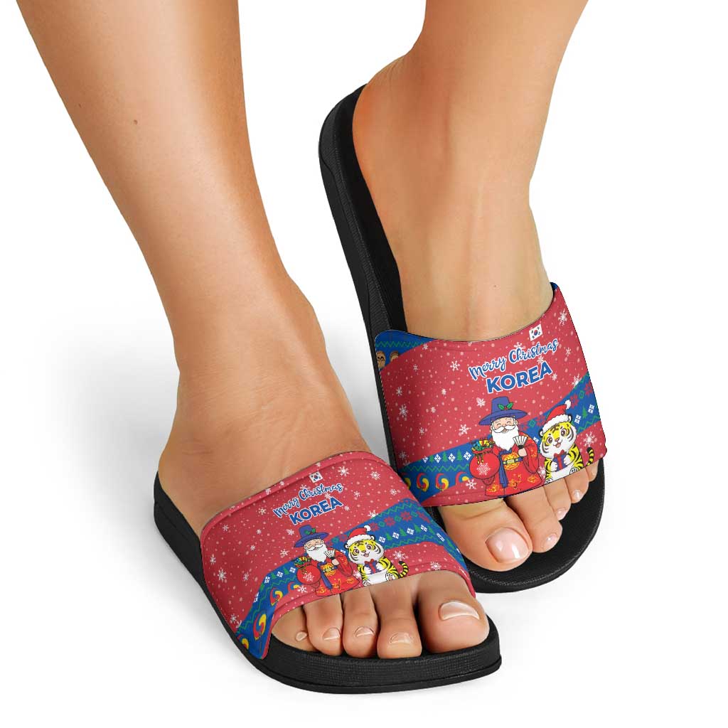 Korea Christmas Slide Sandals with Santa in Hanbok Tiger Character and Traditional Mask Pattern Design - Wonder Print Shop