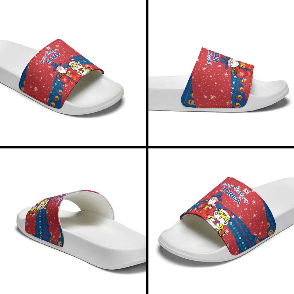 Korea Christmas Slide Sandals with Santa in Hanbok Tiger Character and Traditional Mask Pattern Design - Wonder Print Shop
