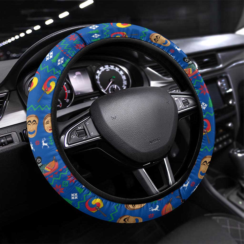 Korea Christmas Steering Wheel Cover with Santa in Hanbok Tiger Character and Traditional Mask Pattern Design - Wonder Print Shop