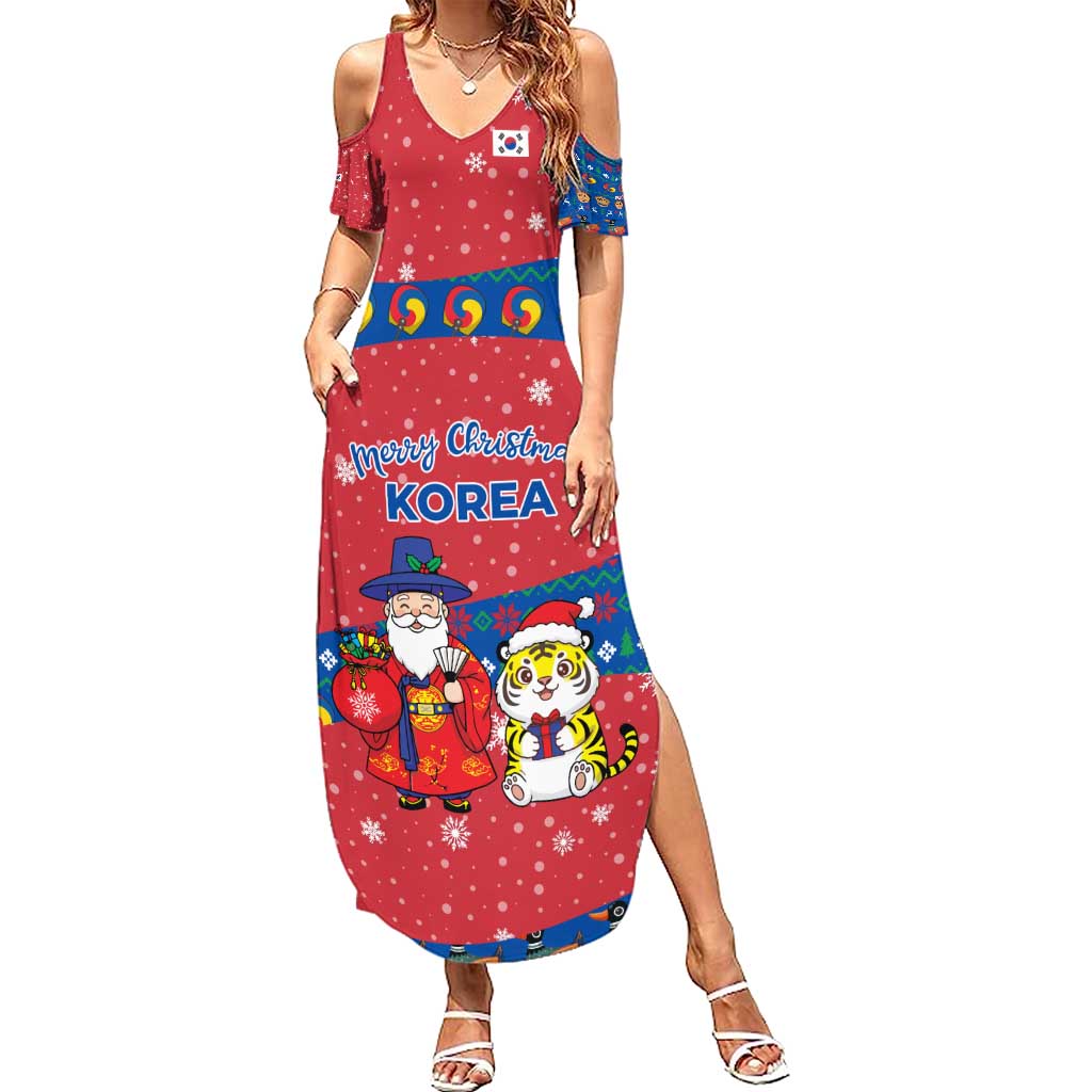 Korea Christmas Summer Maxi Dress with Santa in Hanbok Tiger Character and Traditional Mask Pattern Design - Wonder Print Shop