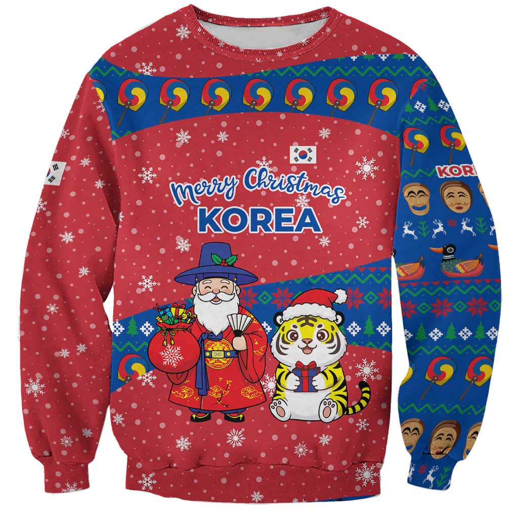 Korea Christmas Sweatshirt with Santa in Hanbok Tiger Character and Traditional Mask Pattern Design - Wonder Print Shop