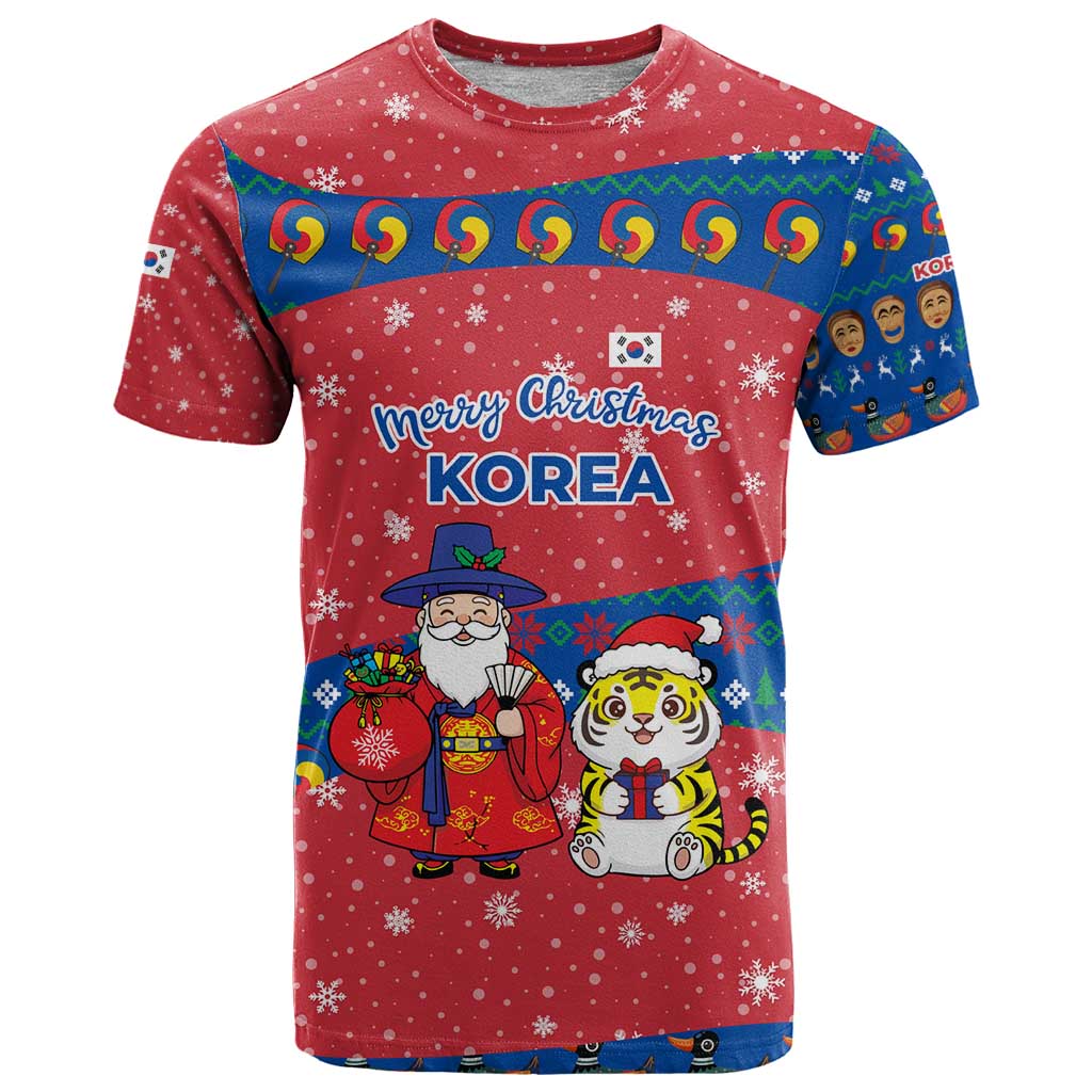 Korea Christmas T Shirt with Santa in Hanbok Tiger Character and Traditional Mask Pattern Design - Wonder Print Shop